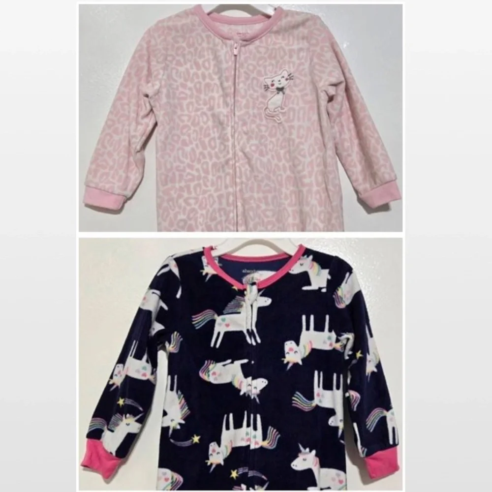 2 Footed Fleece Pajamas Girls 2T Animal Print Pink Leopard Cat & Blue Unicorn